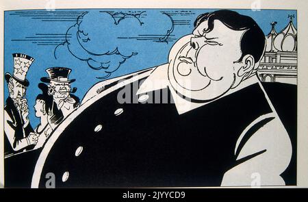 Illustration colorée représentant l'oncle Sam, Britannia et un très grand homme en face du Kremlin. Banque D'Images