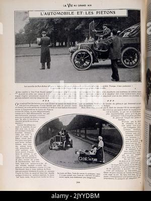 De la revue la vie au Grand Air (la vie en plein air); photographies en noir et blanc des voitures et des piétons qui négocient la route. Banque D'Images