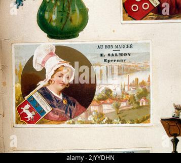 Carte de commerce de la collection « au bon Marche », imprimée par E. Salmon Epernay, représentant la Seine-Inferieure, France. Banque D'Images