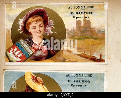 Carte de commerce de la collection « au bon Marche », imprimée par E. Salmon Epernay, représentant la Seine, Paris, France Banque D'Images