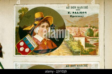 Carte de commerce de la collection 'au bon Marche', imprimée par E. Salmon Epernay, représentant le Cantal Aurillac, France. Banque D'Images