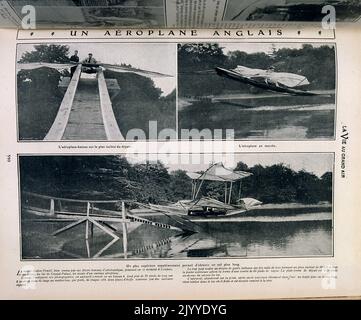 De la revue la vie au Grand Air (la vie en plein air); photographies en noir et blanc d'un très ancien avion en bois construit par les Anglais. Banque D'Images