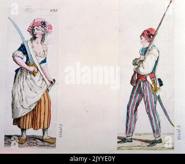 Illustrations colorées représentant une jeune femme et un jeune homme tenant une carabine et une épée. Banque D'Images