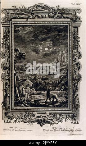 Gravure représentant une scène nocturne d'une pleine lune avec un loup hurlant au premier plan. L'illustration est définie dans un cadre orné. Banque D'Images