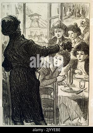 Charbon Illustration de quelqu'un divertissant des femmes à leur maison. Illustré par Theophile Steinlen (1859-1923), peintre et graveur Art Nouveau franco-suisse. Banque D'Images