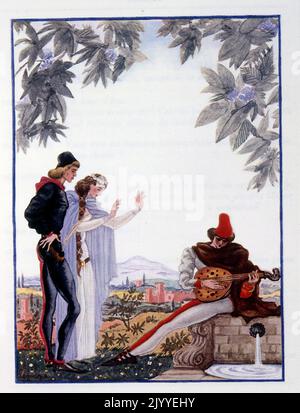 Illustration colorée représentant une scène médiévale d'un troubadour jouant sa lyre à un jeune couple. Banque D'Images