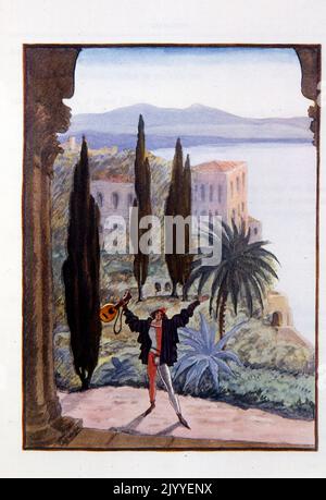 Illustration représentant une scène au bord de la mer avec un troubadour tenant sa lyre. Illustré par Georges Lepape (1887-1971), artiste français de l'affiche, illustrateur et designer de mode Banque D'Images