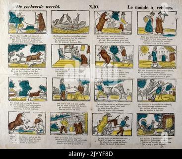 Bande dessinée colorée, dessinée à la main et peinte à la main, représentant des scènes du monde si les animaux gouvernaient le monde. Le texte accompagnant chaque image est écrit en verset poétique en allemand et en français. De 'de Verkeerde Wereld' (le monde en inversion). Banque D'Images