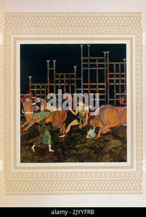 Illustration colorée des femmes qui exécutent avec des taureaux. Illustré par Edmund Dulac (1882-1953), un magazine naturalisé français britannique et illustrateur de livres. Banque D'Images