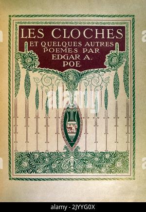 Illustration colorée sur la couverture décorative; Edgar Allan PoE (1809-1849), d'une édition des horloges et autres Poèmes (1913), illustrée par Edmund Dulac (1882-1953), un magazine naturalisé français britannique et illustrateur de livres. Banque D'Images