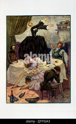 Illustration colorée des « œuvres-aposthumes » d'Alfred de Musset représentant un dîner-fête animé. Illustré par Georges Lepape. Banque D'Images