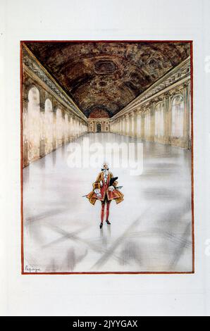 Illustration colorée des « œuvres posthumes » d'Alfred de Musset représentant une élégante cour dans un grand hall. Illustré par Georges Lepape. Banque D'Images