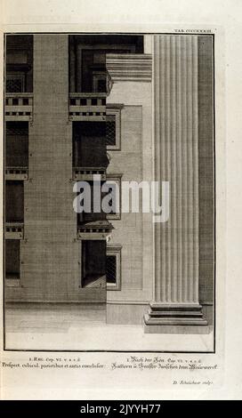 Gravure représentant un diagramme en coupe des murs d'une structure classique. L'illustration est définie dans un cadre orné. Banque D'Images