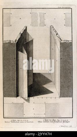 Gravure représentant un diagramme de la coupe transversale du sanctuaire intérieur d'un bâtiment classique. L'illustration est définie dans un cadre orné. Banque D'Images