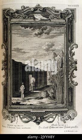 Gravure représentant une scène sainte du Livre d'Ézéchiel. L'illustration est définie dans un cadre orné. Banque D'Images