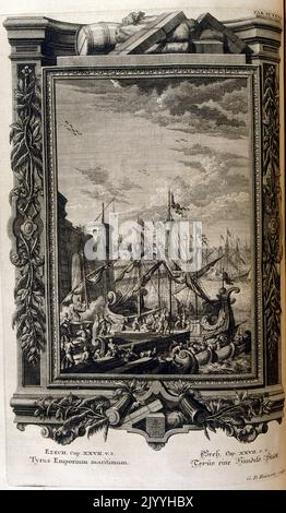 Gravure représentant une scène de navires dans un port du Livre d'Ézéchiel. L'illustration est définie dans un cadre orné. Banque D'Images