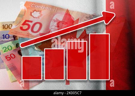 Graphique économique : flèche montante, billets et pièces en dollars canadiens et drapeau du Canada (monnaie, économie, affaires, finances, crise) Banque D'Images