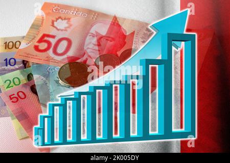 Graphique économique : flèche montante, billets et pièces en dollars canadiens et drapeau du Canada (monnaie, économie, affaires, finances, crise) Banque D'Images