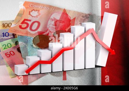 Graphique économique : flèche vers le bas, billets et pièces de monnaie en dollars canadiens et drapeau du Canada (monnaie, économie, affaires, finances, crise) Banque D'Images