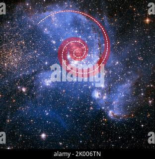 Espace. 8th septembre 2022. Illustration: L'énorme amas d'étoiles NGC 346, situé dans le petit nuage Magellanique, a longtemps intrigué les astronomes avec sa forme inhabituelle. Maintenant, les chercheurs utilisant deux méthodes distinctes ont déterminé que cette forme est en partie due à la spirale d'étoiles et de gaz dans le centre de cette grappe dans un mouvement de rivière. La spirale rouge superposée au NGC 346 trace le mouvement des étoiles et du gaz vers le centre. Les scientifiques disent que ce mouvement en spirale est le moyen le plus efficace de nourrir la formation d'étoiles de l'extérieur vers le centre de la grappe. (Credit image: © NASA/ZUMA Banque D'Images