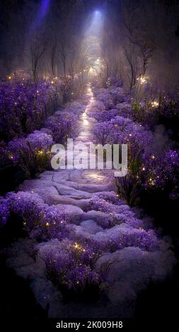 Arrière-plan de conte de fées fantaisie avec jardin violet et champ de lavande fleuri. Fabuleux jardin de lavande extérieur de conte de fées et fond clair de lune. 9:1 Banque D'Images