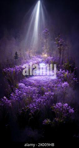 Arrière-plan de conte de fées fantaisie avec jardin violet et champ de lavande fleuri. Fabuleux jardin de lavande extérieur de conte de fées et fond clair de lune. 9:1 Banque D'Images
