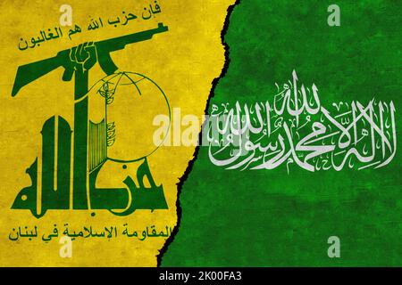 Relations entre le Hezbollah et le Hamas. Le Hamas et le Hezbollah drapeaux ensemble Banque D'Images