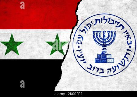 La Syrie et le drapeau du Mossad ensemble. Mossad Syrie conflits, crise de guerre, alliance, politique, concept de relation Banque D'Images