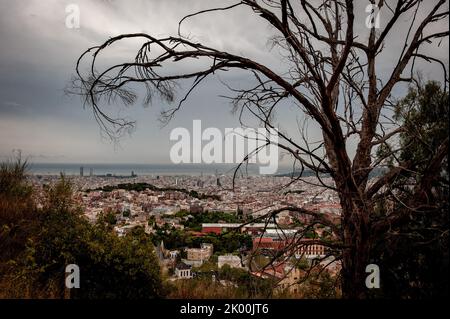 Vue aérienne de Barcelone depuis la gamme Collserola par une journée nuageux Banque D'Images