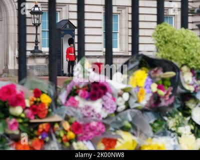 Une garde de service au Palais de Buckingham, à Londres, après la mort de la reine Elizabeth II, jeudi. Date de la photo: Vendredi 9 septembre 2022. Banque D'Images