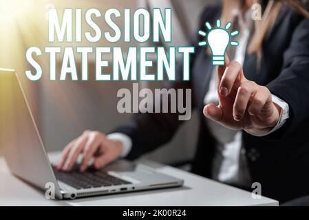 Présentation conceptuelle Mission StatementFormal Résumé des objectifs et des valeurs d'une entreprise. Concept signification Résumé formel des buts et valeurs d'un Banque D'Images