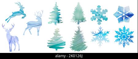 Ensemble d'illustrations du nouvel an de cerfs, de sapins et de flocons de neige sur fond blanc. Les objets sont découpés des fragments d'encre d'alcool colorée Banque D'Images