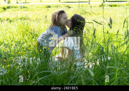 Frère et soeur jouent iand embrassant le parc au milieu de l'herbe verte. Les enfants s'enserrer fermement. Pique-nique à l'extérieur de la ville. Enfance. Relations. Banque D'Images