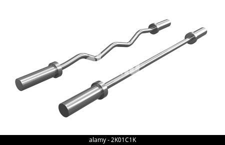 Barres de Curl EZ et droites isolées sur fond blanc, équipement de gym en acier inoxydable. 3D rendu Banque D'Images