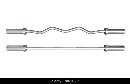 Barres de Curl EZ et droites isolées sur fond blanc, équipement de gym en acier inoxydable. 3D rendu Banque D'Images