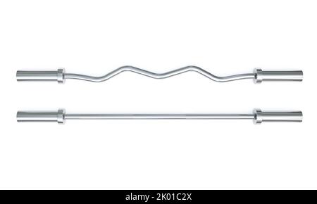 Barres de Curl EZ et droites isolées sur fond blanc, équipement de gym en acier inoxydable. 3D rendu Banque D'Images
