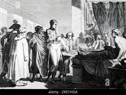 Nicolas René Dufriche, Baron Desgenettes (1762-1837) traitant malades et blessés en Égypte. Desgenettes a été médecin en chef de l'armée française en Italie vers 1794 et en Égypte en 1798, également à Waterloo. Est tombé de la faveur sur la restauration de Louis XVIII Médecin en chef des Invalides en 1832. Banque D'Images
