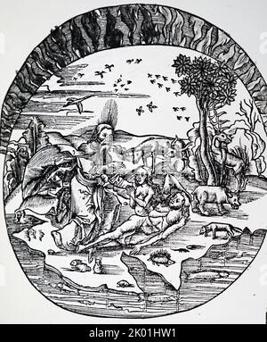 Le concept de Thale de la Terre plate flottant sur l'eau. Au-dessus d'eux, l'air et le feu complètent les quatre éléments grecs, tandis que sur la Terre, Dieu crée Eve à partir de l'Adam endormi. De Gregor Reisch Margarita Philosophica, Bâle, 1508. Banque D'Images