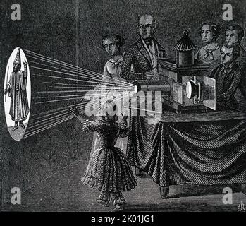 Une famille qui profite d'un spectacle de lanternes magiques. Les lanternes utilisées diffèrent peu de celles de Kircher au siècle 17th, consistant en une boîte en métal avec lampe placée au centre d'un miroir concave. Banque D'Images