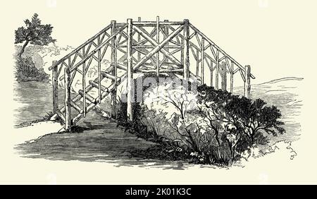 Une ancienne gravure victorienne d'un design pour un rustique, bois, passerelle de jardin. Il est d'un livre de 1890. Ici, le pont s'étend sur une clôture de couverture. Les marches ouvertes ne semblent pas aussi confortables, ni aussi sûres, sous le pied ! Banque D'Images