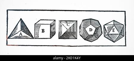 Les cinq solides géométriques réguliers. De Levinus Hulsius Intrumentorum Frankfurt-am-main, 1605. Banque D'Images