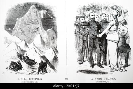 Britannia et M. Punch accueillent George Strong Nares et ses hommes à Portsmouth à leur retour de l'expédition du gouvernement dans l'Arctique de 1875-6 à Alert and Discovery, qui était dirigée par Nares. Londres, Punch, 1876. Banque D'Images