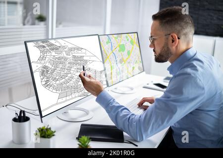 Carte de terrain du cadastre. Construction du projet sur ordinateur Banque D'Images