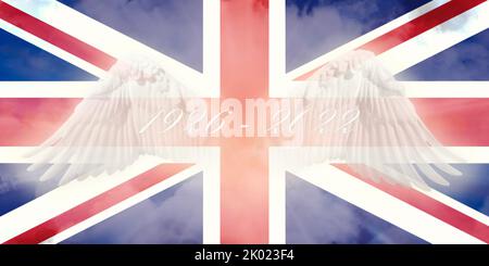 La reine elizabeth II Drapeau Union Jack avec ailes ange et nuages célestes 3D illustration. Banque D'Images