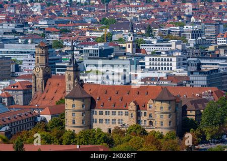 Vue sur le centre-ville de Stuttgart (collégiale, ancien château) depuis la montagne Bopser. Bade-Wurtemberg, Allemagne, Europe Banque D'Images