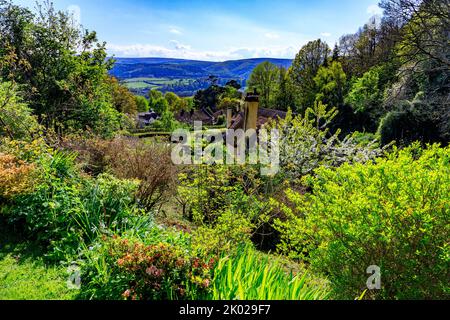 Vue sur les toits de cottages en chaume à Selworthy Green sur le domaine Holnicote en direction de Dunkery Beacon sur Exmoor, Somerset, Angleterre, Royaume-Uni Banque D'Images