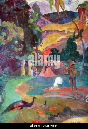 Paul Gauguin (1848-1903) crayon bleu. Matamoe (mort), Paysage avec des paons. Peinture 1892. Huile moyenne sur toile. Musée des Beaux-Arts de Pouchkine Banque D'Images