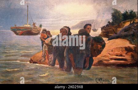 Les barges passent dans l'eau. 1872, par Ilya Repin, 1872. Ilya Yefimovich Repin (1844 - 1930) était un peintre réaliste russe. Il était l'artiste russe le plus renommé du 19th siècle, Banque D'Images