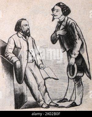 Caricature des discours de la presse antidémocratique russe contre A.I. Herzen. Du dessin de A. Yushanov. (Sous la caricature il y a une légende: Vous n'êtes pas en colère contre moi, Alexandre Ivanovich, je vous respecte du fond de mon coeur Banque D'Images