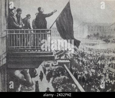 Discours de Karl Liebknecht. 9 novembre 1918. Karl Paul August Friedrich Liebknecht (1871 - 1919) était un politicien et théoricien socialiste allemand, à l'origine dans le Parti social-démocrate d'Allemagne (SPD) et plus tard un cofondateur avec Rosa Luxembourg de la Ligue Spartaliste et du Parti communiste d'Allemagne Banque D'Images